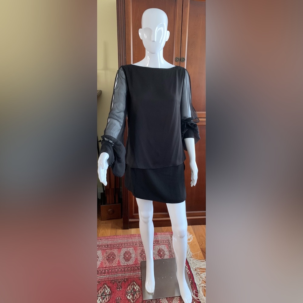 Tahari brand shiny black boat neck top tunique sheer balloon sleeves & wide cuff